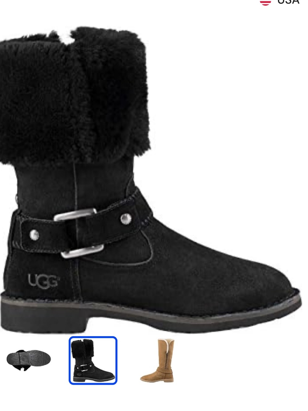 UGG Black Suede Shearling Fold-Over Buckle Boot